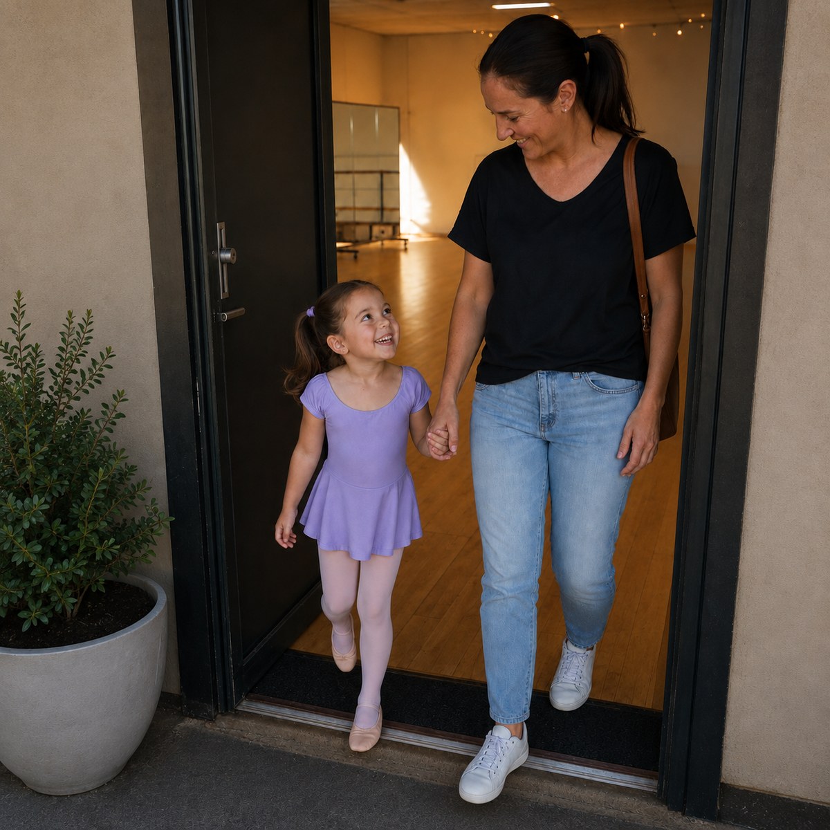 A parent holding hands with a young dancer in a lilac leotard as they walk into a dance studio